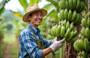 Naklejka premium Smiling Asian farmer in straw hat holds bunch of unripe green bananas. Man works in tropical garden, checks fruit growing on tree. Fresh natural produce on farm.