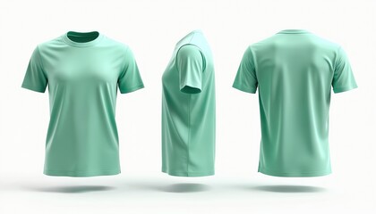 Mint green t-shirt shown from front side and back. Simple shirt design blank template. Apparel mockup for fashion brands. Casual wear clean fabric.