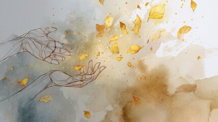 Autumn leaves and artistic hands in abstract watercolor design