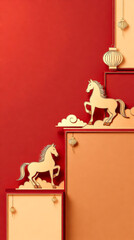 Three-dimensional paper sculpture pony New Year red style poster