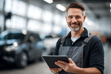 Confident middle-aged auto mechanic using a tablet in modern car workshop, smiling technician in overalls checking vehicle diagnostics and managing workflow