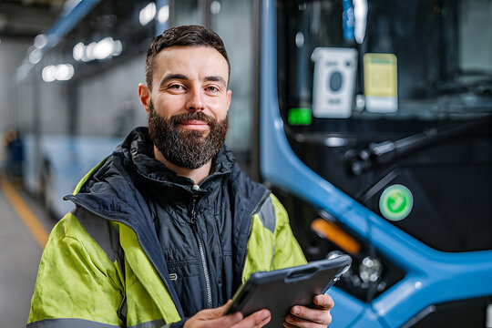 Confident transit technician in high-visibility jacket using a tablet inside a bus depot &mdash; modern public transport maintenance and inspection