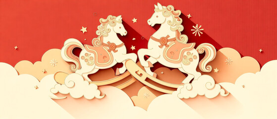 Three-dimensional paper sculpture pony New Year red style poster