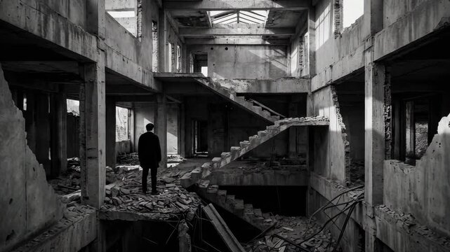 Solitary figure in an eerie abandoned building surrounded by haunting decay and forgotten memories