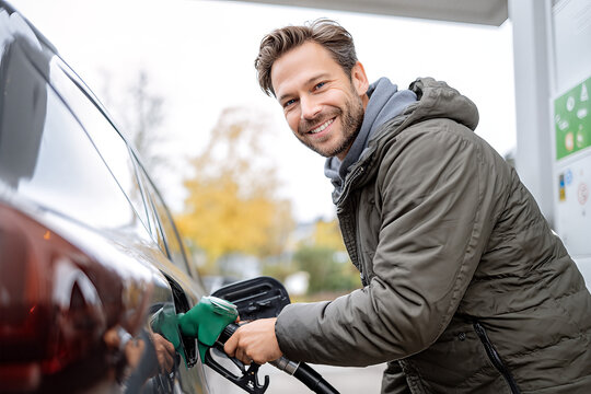 Smiling man refueling his car at a modern gas station in autumn, wearing a casual jacket and hoodie while filling the tank with a green fuel pump