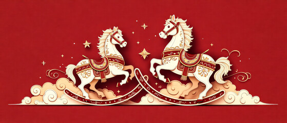 Three-dimensional paper sculpture pony New Year red style poster