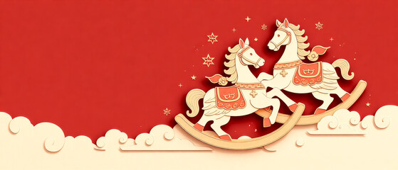 Three-dimensional paper sculpture pony New Year red style poster