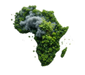 Africa map with lush greenery and smoke, symbolizing environmental concerns