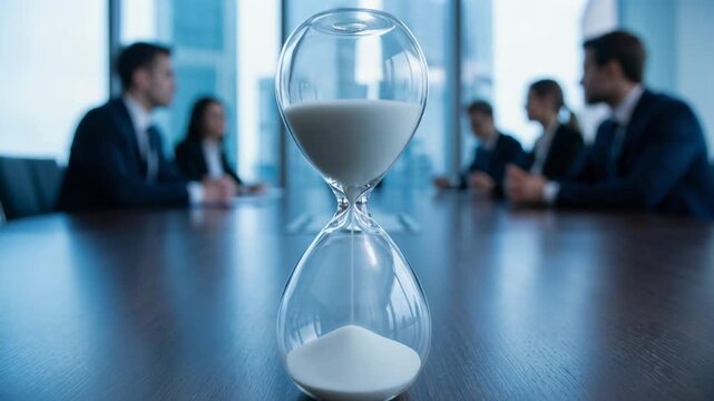 Tense business meeting in modern boardroom with hourglass countdown symbolizing time pressure and decision making