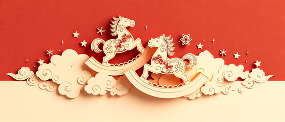Three-dimensional paper sculpture pony New Year red style poster
