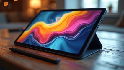 Tablet with stylus displays vibrant abstract art on screen. Device rests on wooden table surface. Modern digital creative workspace setup for design and sketching.