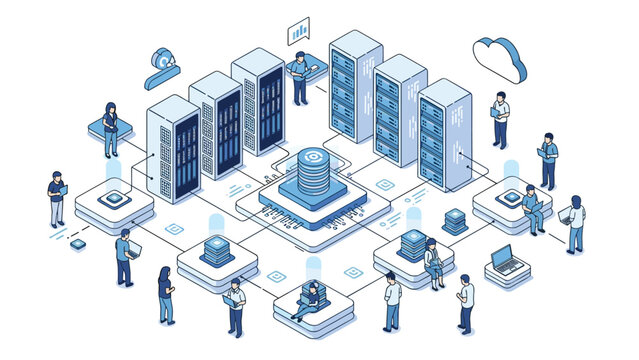 Isometric diagram of a secure data server network with professional people using laptops and connecting to a central cloud storage.