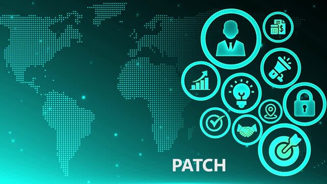 Global IT Security Patch Management: Digital Software Updates and Cyber Defense on Teal Map.