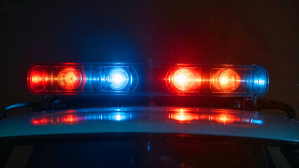 Red and blue emergency lights flash on top of a police vehicle at night