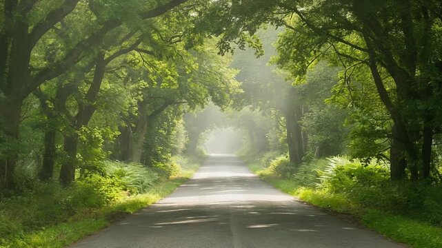 Firefly journey along a peaceful tree-lined road with sunlight filtering through green foliage