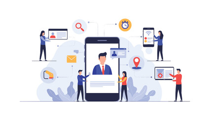 Team of designers and developers collaborating on mobile application interface and user experience design on a large digital smartphone.