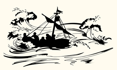 Vector drawing. Sailors on a ship in a storm