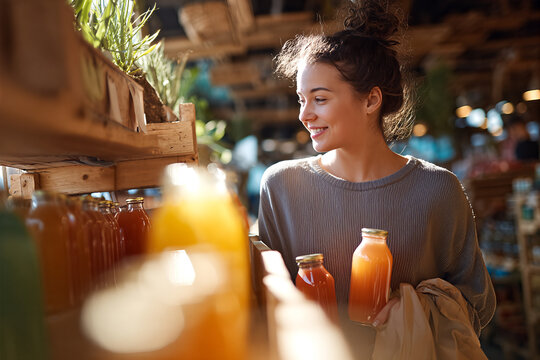 Smiling young woman selecting fresh bottled juices at a cozy organic market &mdash; holding glass bottles and a reusable bag in warm sunlight