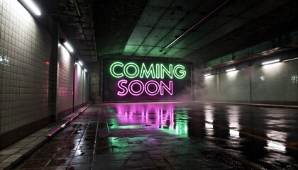 A dimly-lit, tiled subway station with water reflections, illuminated by a neon "COMING SOON" sign in green and pink, casting a vibrant glow. The atmosphere is moody and futuristic.