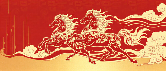 Exquisite paper carving of the Year of the Horse running New Year red poster