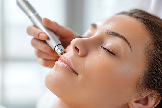 Closeup of a relaxed woman receiving professional microdermabrasion facial treatment at a modern spa for skin rejuvenation and glowing complexion