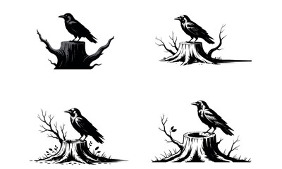 Obraz premium Black silhouette raven bird on tree stump illustration 