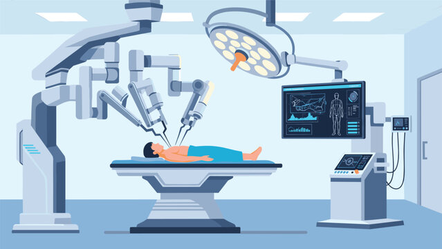 Advanced medical technology featuring robotic arms performing a precise surgery on a patient in a high-tech operating room theater.