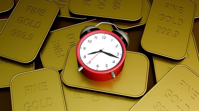 3D animation of ticking classic twin-bell alarm clock and several shiny gold bullion bars. The classic proverb, "Time is money" or that time itself is a precious commodity.