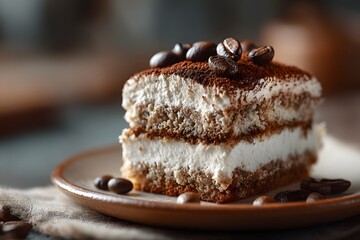 Gourmet Italian Tiramisu Slice with Cocoa Dust and Coffee Beans on Rustic Ceramic Plate