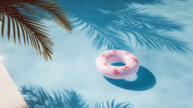 Floating ring in pool water with palm frond shadows sunlight recreation