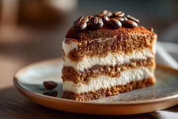 Artisanal Tiramisu Slice on Rustic Ceramic Plate with Coffee Beans and Cocoa Dusting