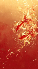 Chinese traditional New Year koi swimming red gold gradient background