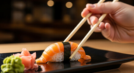 Obraz premium Hand picking up fresh salmon nigiri sushi with chopsticks from a black plate. Delicious and healthy Japanese food, served with wasabi and ginger, in a warm restaurant setting