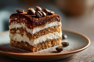 Artisanal Tiramisu Slice on Rustic Ceramic Plate with Coffee Beans and Cocoa Dusting