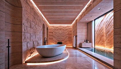 Photograph of a luxurious, modern bathroom with a freestanding white bathtub, wooden panel walls, and a glass-walled indoor pool. Warm, ambient lighting highlights the sleek, minimalist design.