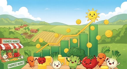 Obraz premium Vibrant Agricultural Growth and Prosperity at a Bountiful Farmers Market, Featuring Cheerful Produce Characters and Upward Economic Trends