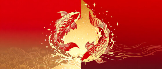 Chinese traditional New Year koi swimming red gold gradient background