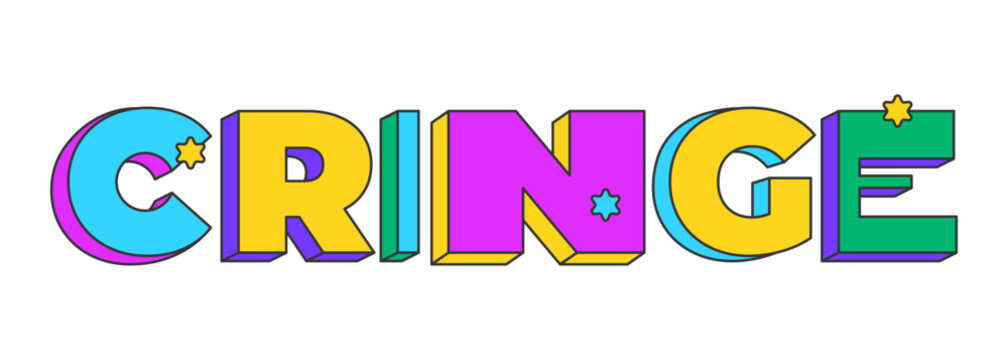 Cringe playful 3D text design. Awkward moment. Embarrassing reaction. Secondhand-shame. Discomfort vibe. Multicolor block letters. Retro funky style with stars. Pop culture. Montserrat font used