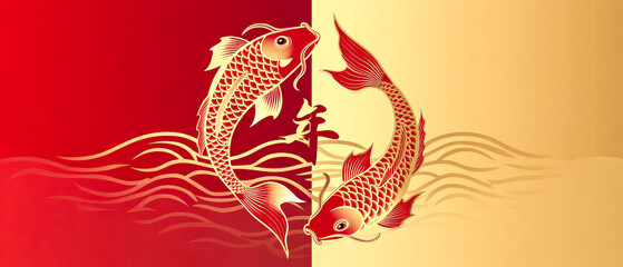 Chinese traditional New Year koi swimming red gold gradient background
