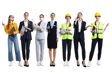 Fototapeta premium Choice of profession. Same woman representing different occupations. Collage of portraits on white background