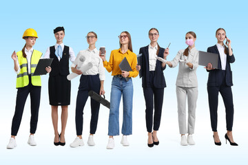 Obraz premium Choice of profession. Same woman representing different occupations. Collage of portraits on light blue gradient background
