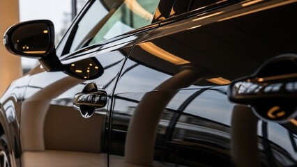Obraz premium Luxury car interior and exterior details in a showroom.