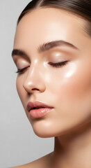 Obraz premium Editorial beauty portrait with glowing skin and minimal makeup in soft studio light