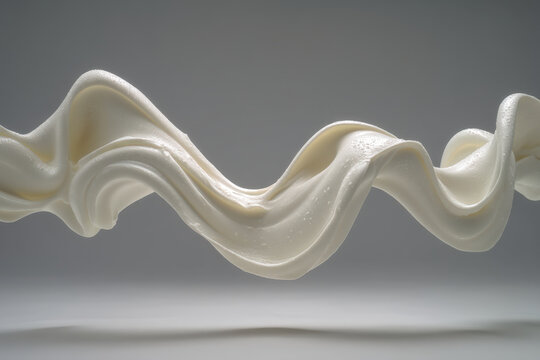 Smooth rubbery form gently spreading under gravity on neutral gray surface with calm silhouette