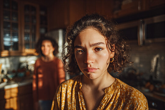 Pensive teenage girl stares into camera in a sunlit kitchen with a blurred parent behind &mdash; intimate portrait of family tension and introspection