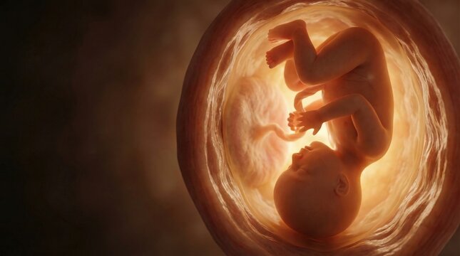 A detailed, glowing image of a human fetus inside the womb, showing early prenatal development and the umbilical cord.