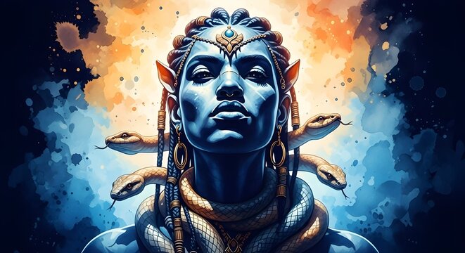 Hermosa pintura digital del se&ntilde;or Shiva con serpiente divina sobre fondo blanco a la venta