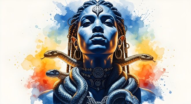 Hermosa pintura digital del se&ntilde;or Shiva con serpiente divina sobre fondo blanco a la venta