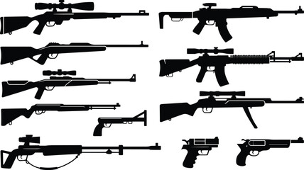 Set of silhouettes representing various rifles, shotguns, and handguns for hunting, tactical military themes, sporting gear, and firearm safety concepts.