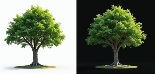 Fototapeta premium Green deciduous tree with dense foliage and thick trunk. Isolated on white and black background. Useful for nature, forest or garden scenes.